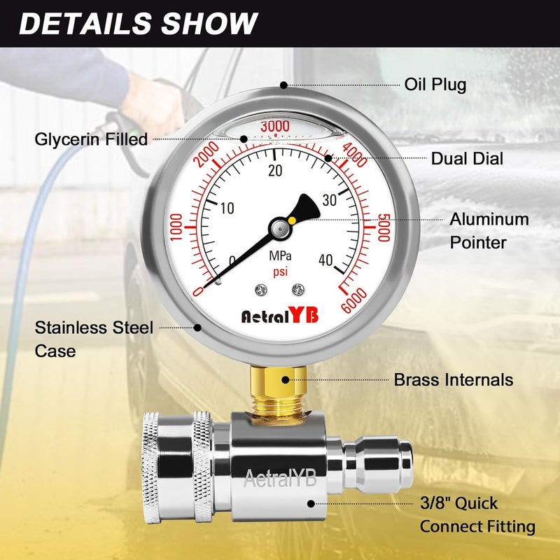 AetralYB 6000PSI Washer Pressure Gauge,3/8" Push-to-Connection Quick Connection,Stainless Steel Housing, Mpa and Psi Dual Scale, for Pressure Washer - Image 3